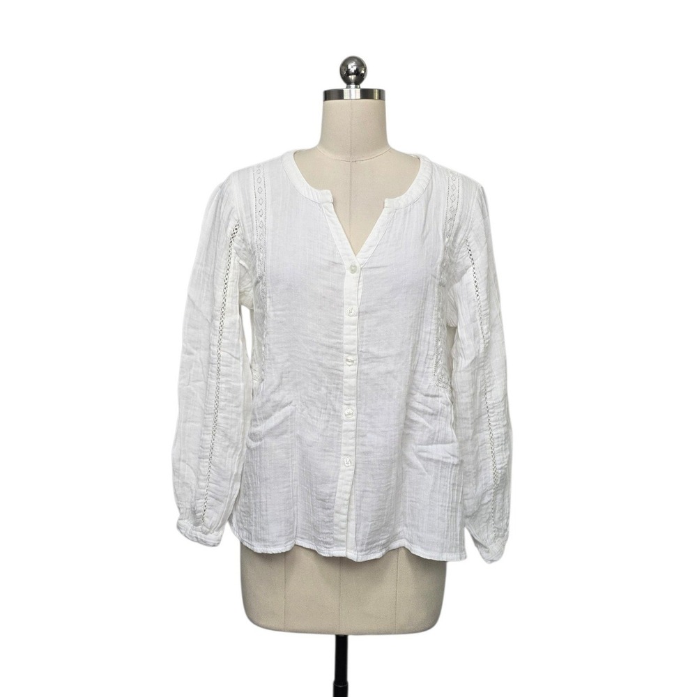 Garnet Hill Women White Cotton Gauze Lace Trim Button Front Blouse XS Boho Top